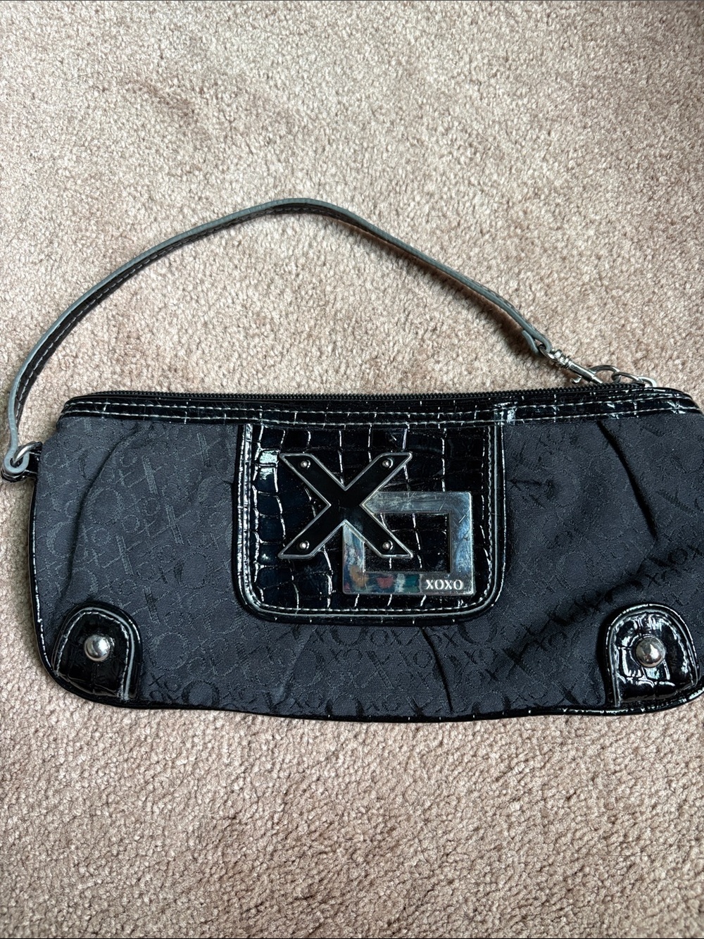 XOXO Black Logo Patent Trim Wristlet Clutch large